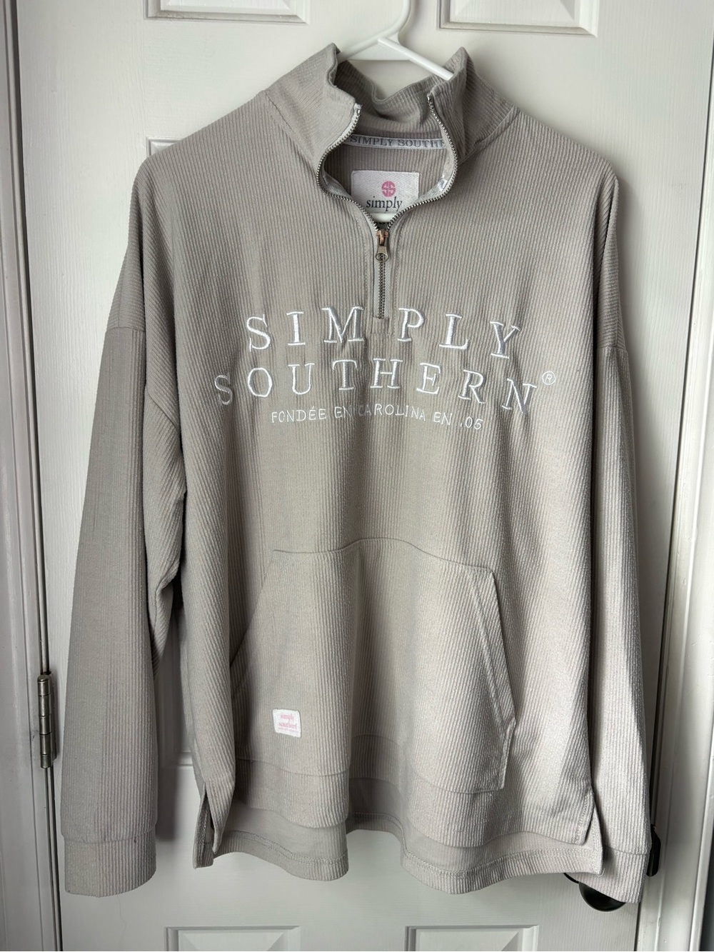 Simply Southern Ribbed Quarter Zip Pullover Taupe medium Embroidered Logo cozy